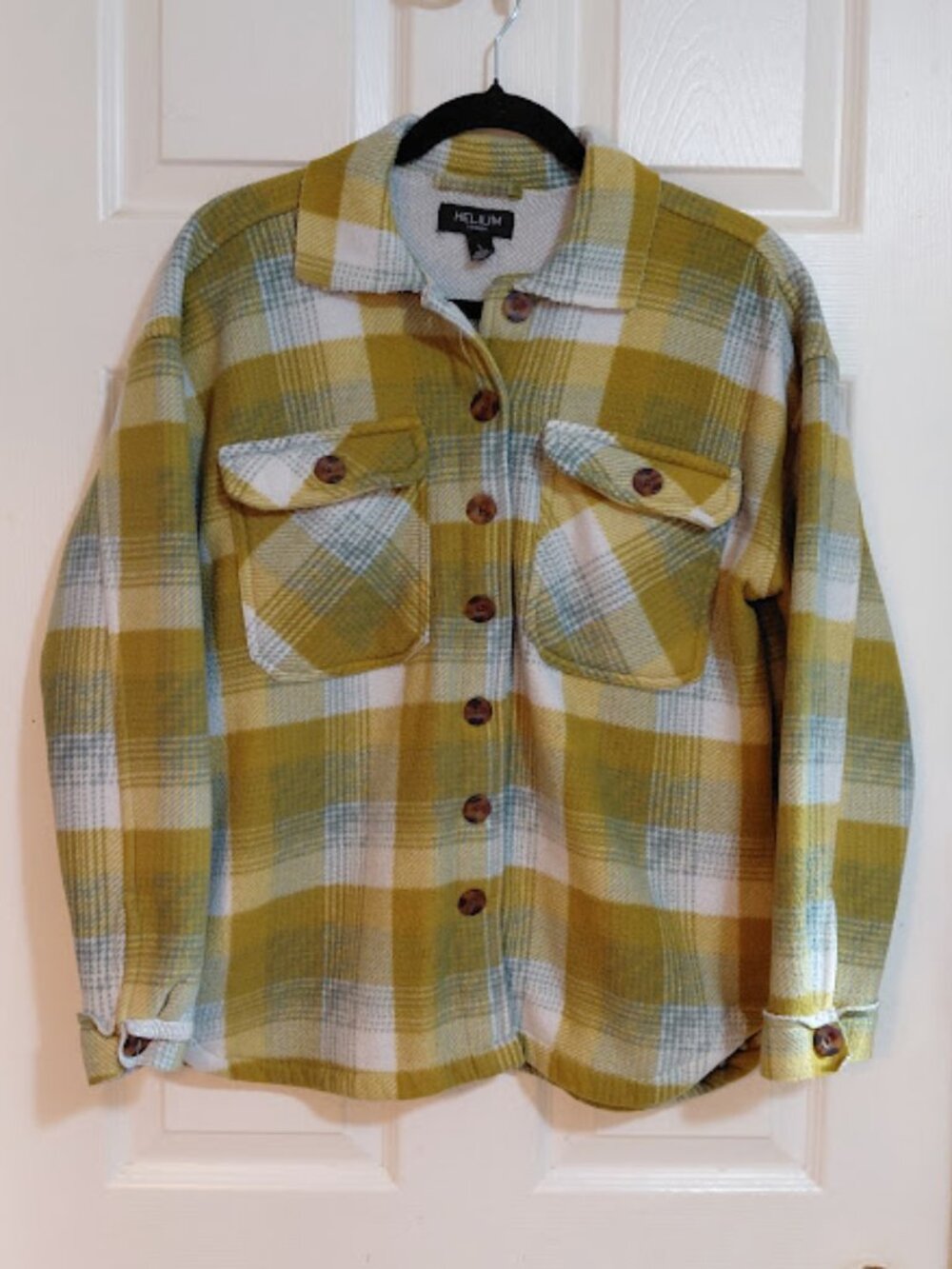 Women’s Helium London Blue & Green Fleece Raw Hem Button Up Long Sleeve Shirt S